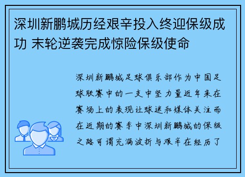 深圳新鹏城历经艰辛投入终迎保级成功 末轮逆袭完成惊险保级使命