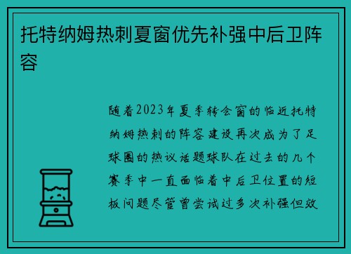 托特纳姆热刺夏窗优先补强中后卫阵容